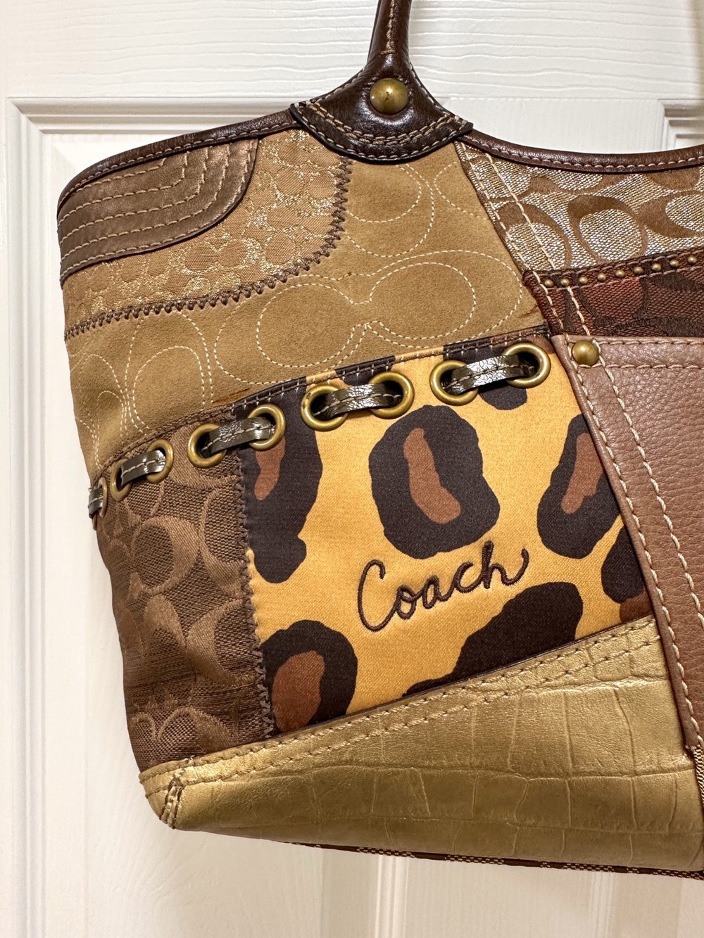Coach Bleecker Patchwork Signature Jacquard Leather Animal Print Large Tote Y2K - Picture 5 of 17